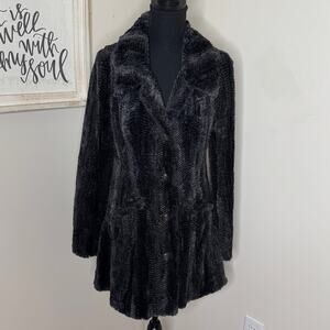 Free People Faux Fur Herringbone Swing Pea Coat Gray Black Rare Size 4
